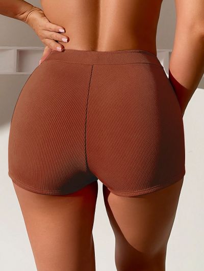 SHEIN Swim Basics Solid Color Ribbed Knit Bikini Bottom Music Festival