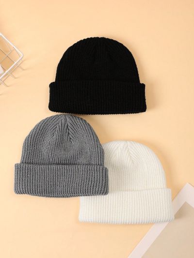 3pcs Solid Color Basic Men's Knit Hat