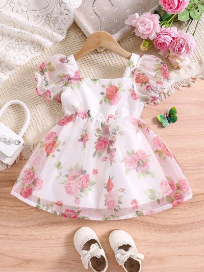 Baby Girls' Rose Printed Organza Bubble Sleeve Dress