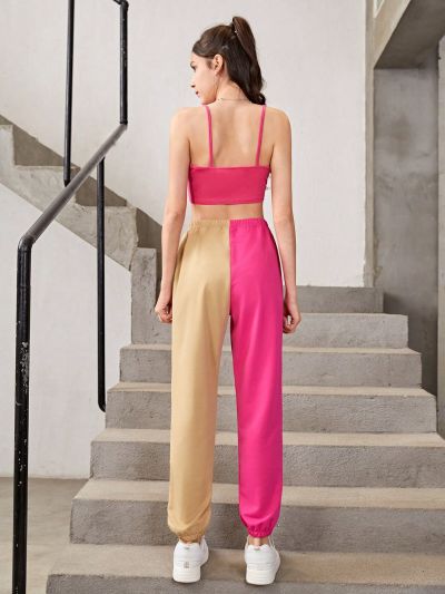 2pcs/Set Teenage Girls' Street Style Mushroom Pattern Tank Top And Color Block Sweatpants