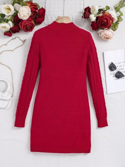 Teen Girl Mock Neck Cable Knit Sweater Dress