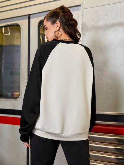 Street Sport Women'S Cartoon Character & Letter Printed Raglan Long Sleeve Sweatshirt