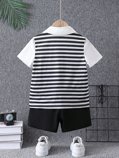 SHEIN Kids EVRYDAY Toddler Boys' Sports Style Heart Embroidery Striped Collar Short Sleeve Polo Shirt For Summer