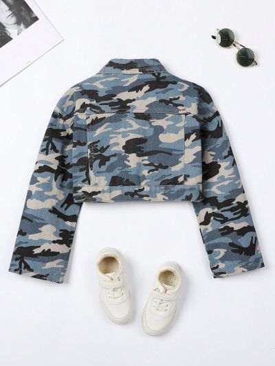 Tween Girls' Short Style Camouflage Denim Jacket