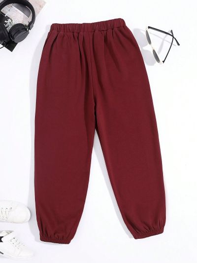 SHEIN Kids EVRYDAY Boys' Casual Loose Solid Color Knitted Sweatpants With Numeric Print & Elastic Cuffs