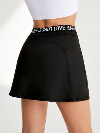 Tennis Casual Letter Print Ribbon Waist Pocket Design Sporty Skirt