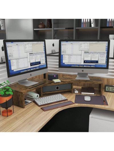 Dual Monitor Stand Riser with Drawer, Adjustable Length and Angle Monitor 2 Solts for Phone & Tablet, Desktop Organizer Stand for Computer/Laptop/PC/Printer