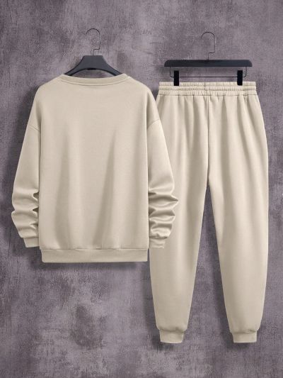 Men'S Plus Size Letter Print Round Neck Sweatshirt Two-Piece Set