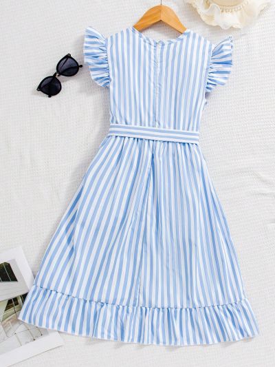 Blue And White Stripe Wrap Ruffle Hem Belted Dress
