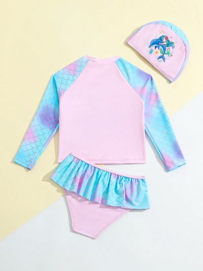 Little Girls' Mermaid & Shark Print Scale Pattern Patchwork Bikini Set