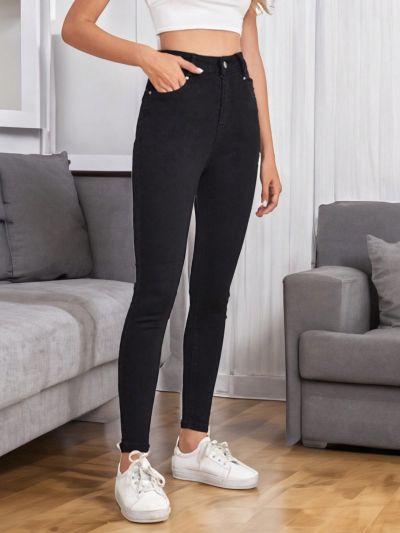 SHEIN LUNE Ladies' Solid Colored Slim Fit Denim Pants