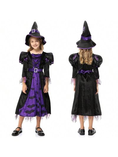 Witch Costume for Girls Kids, Halloween Party Fancy Dress Up Deluxe Set with Hat Skirt for Girls
