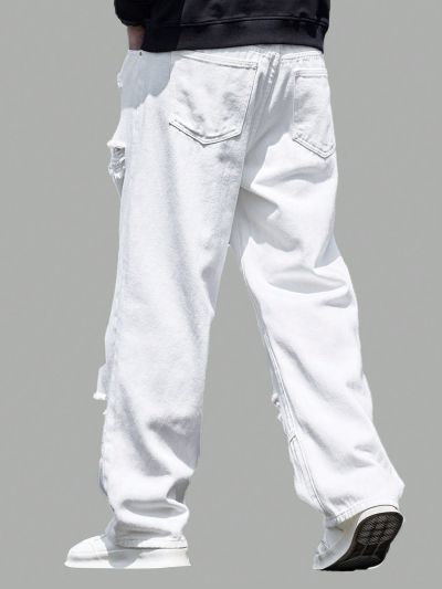 SHEIN Teen Boy Casual Loose Fit Mid Waist Ripped Straight Leg Jeans