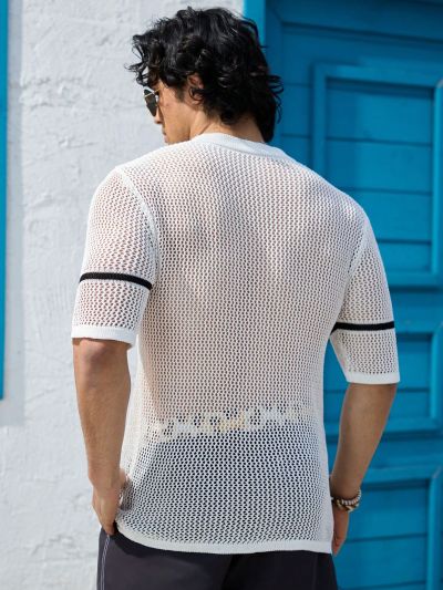 Men'S Color Block Short Sleeve Hollow Out Knitted Cardigan