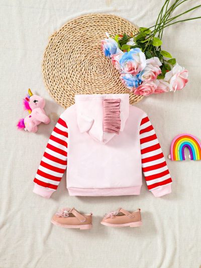 SHEIN Baby Girls' Leisure Color Block Striped Cartoon Unicorn Printed Long Sleeve Hoodie