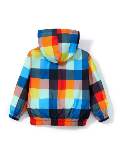 SHEIN Kids SUNSHNE Toddler Boys' Casual Colorful Checkered Patterned Loose Fit Sun Protection Jacket With Zipper, Lightweight & Breathable, Matching With Everything, Perfect For Spring & Summer