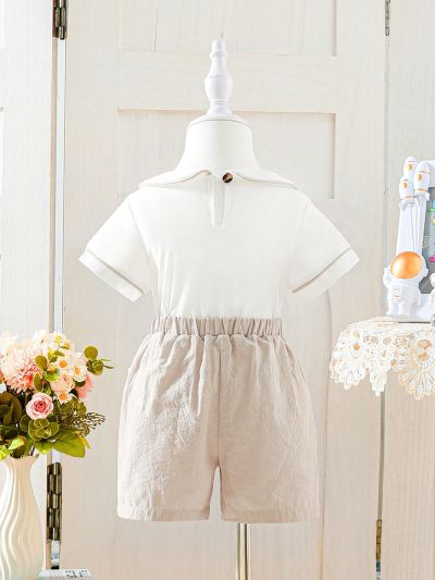 2pcs/Set Baby Boys' Elegant Doll Collar Short Sleeve Shirt And Shorts Vintage Gentleman Outfit Suitable For Going Out