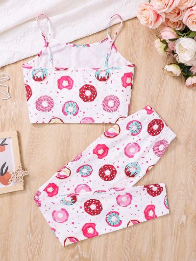 SHEIN Teenage Girls' Knitted Doughnut Patterned Camisole Top And Pants Homewear Set