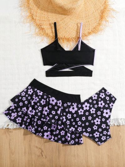 Tween Girls' Color-Block Cross Back Bikini Set With Separated Swimwear Briefs And Rash Guard, 3pcs