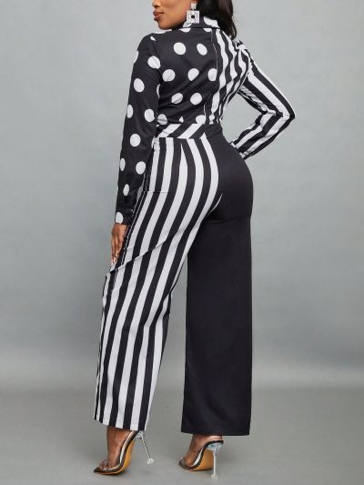 SHEIN Lady Ladies' Striped Polka Dot Shirt Jumpsuit