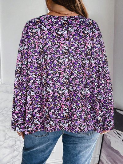 Plus Size Women'S Long Sleeve Top With Small Floral Pattern