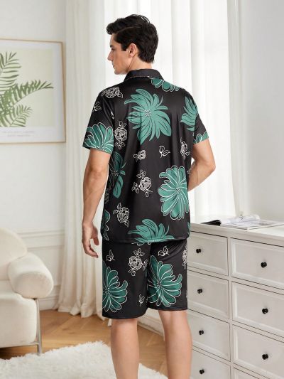 Men's Plant Printed Short Sleeve Shirt Pajama Set