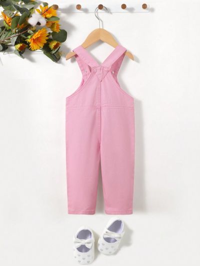 SHEIN Baby Girls' Comfortable Water Washed Soft Denim Jumpsuit, Casual And Stylish, Pink