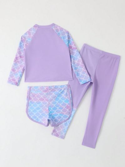 Young Girl's Fish Scales Print Raglan-Sleeve Rashguard Top And Shorts And Pants Tankini Swimsuit Set, Sun Protection