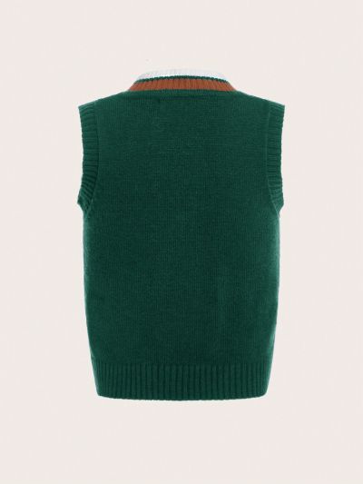 SHEIN Kids Academe Toddler Boys' Striped V-neck Knit Sweater Vest With Minimalist College Style