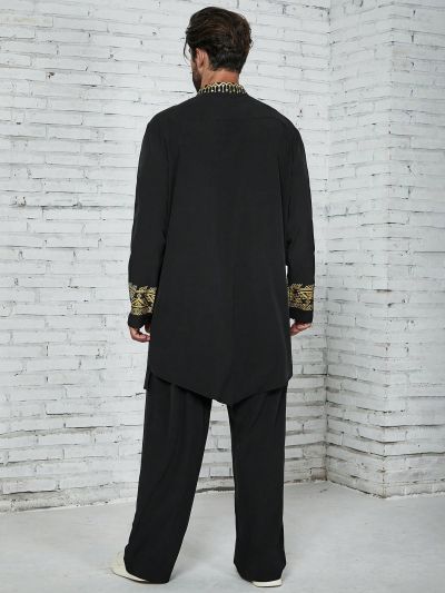 Men'S Plus Size Asymmetrical Hem Geometric Pattern Shirt And Long Pants Set