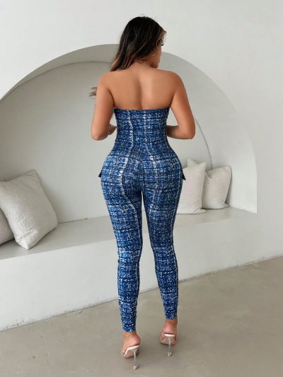 SHEIN SXY Women's Plaid Printed Strapless Jumpsuit With Skinny Fit