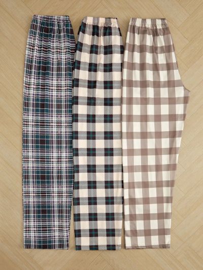 3pcs Plaid Patterned Long Pants Pajama Set