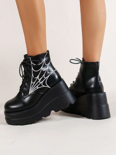Lace-up High Top Thick Platform Gothic Boots For Women, Increase Height & Combat Style & Outdoor, Wedge Heel & Motorcycle Boots
