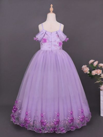 Tween Girls' Elegant And Romantic Purple 3d Flower Embroidery Mesh Spliced Off Shoulder Halter Formal Dress Suitable For Evening Party, Banquet, Birthday Party And Other Occasions