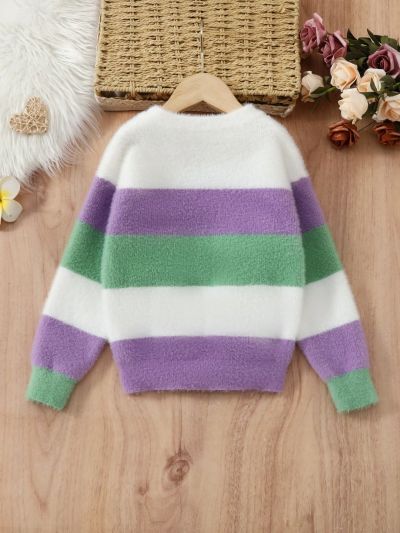 Girls' Round Neck Color Block Striped Sweater