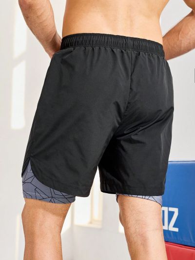 Men's Geometric Pattern Double Layer Sports Shorts With Pocket & Side Stripe