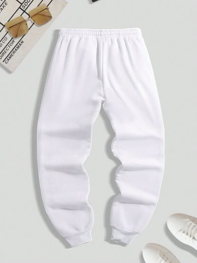 Men's Cartoon & Letter Print Fleece Sweatpants With Drawstring Waist