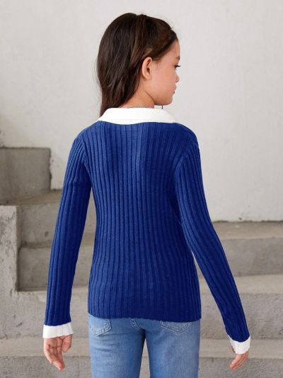 SHEIN Tween Girls' Casual Color Block Long Sleeve Pullover Sweater With Turn-Down Collar