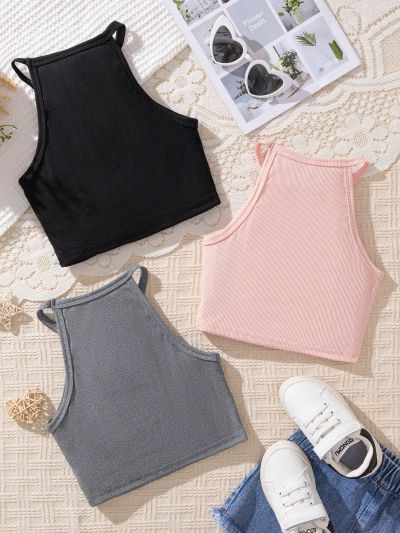 SHEIN Kids QTFun Tween Girls' Halter Neck Cropped Tank Top Set