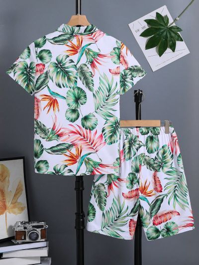 Teen Boys' Cool Casual Tropical Plant Print Short Sleeve Shirt And Shorts For Vacation, Spring/Summer Outfits