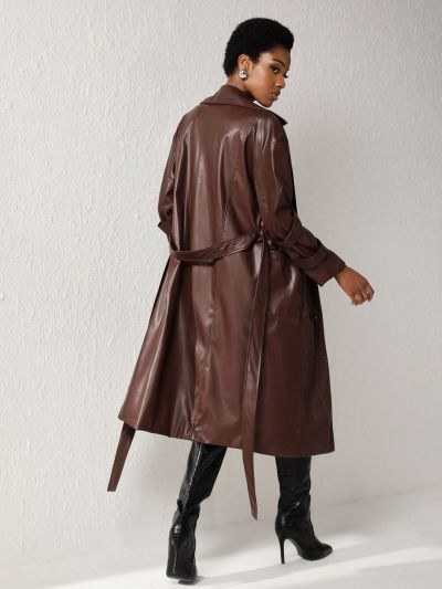 MAY‘G Pu Leather Coat With Pockets, Color-Blocking Lining, Detachable Belt