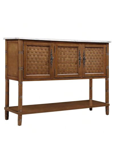 Entryway Table with Artificial Stone Look Tabletop, 47'' Farmhouse & Modern Console Table with Storage, Rustic Sofa Table with Open Shelf for Entry Way, Hallway, Living Room, Oak