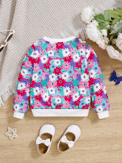 SHEIN Infant Girls' Cute Cartoon Cat & Floral Pattern Patchwork Long Sleeve Sweatshirt