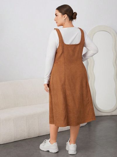 SHEIN Essnce Women'S Plus Size Sleeveless Suspender Dress And Long Sleeve T-Shirt 2pcs/Set