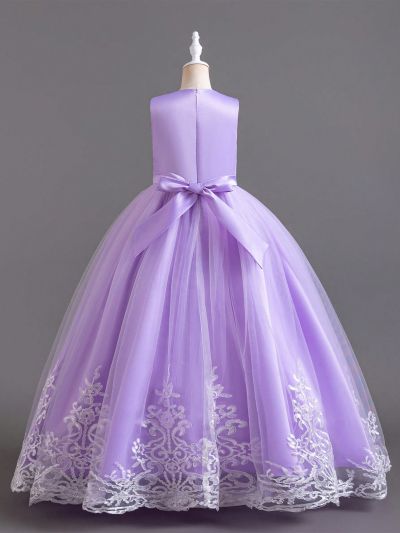 Girls' Sleeveless Tulle Party Dress With Floral Decals For Tween Girls