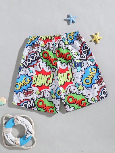 SHEIN Tween Boys' Casual Vacation Loose Weave Beach Shorts/Swim Trunks With Multicolor Pop Art Graffiti And Letter Print