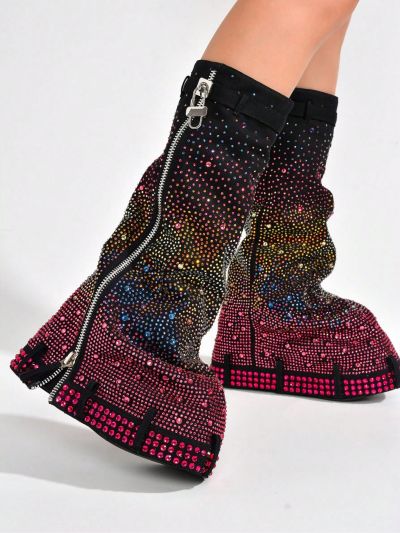 Kastel Denim Rhinestone Rainbow Platform Boots