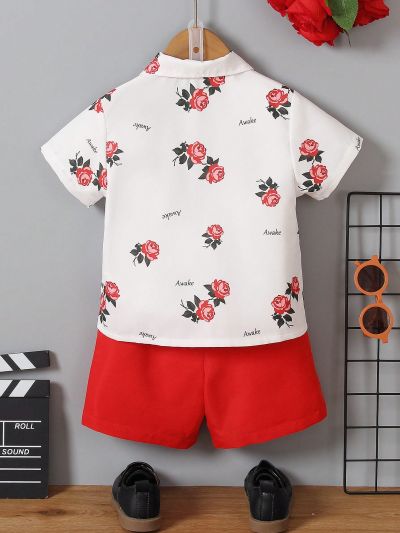SHEIN Toddler Boys' Gentlemen Style Flower Print Short Sleeve Shirt And Shorts Set