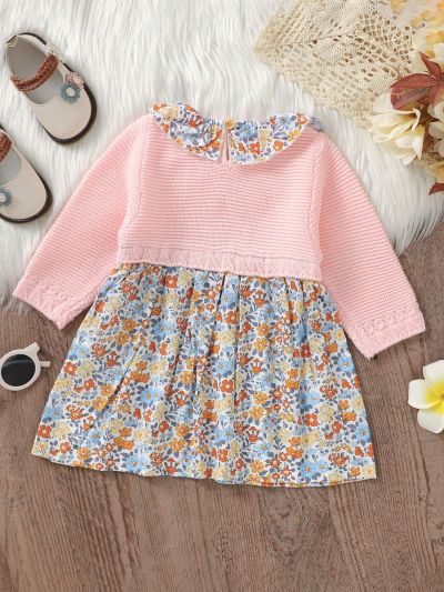 Baby Girls' Two In One Floral Sweater Dress With Ruffle Hem