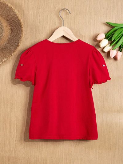 SHEIN Kids Nujoom Tween Girl's Slim-Fit Cute Round Neck T-Shirt With Pearl Decoration